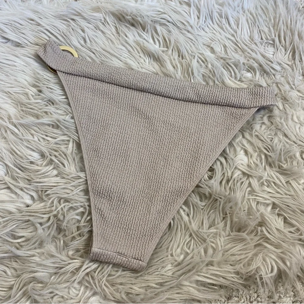 Monday Swimwear Taupe Grey Crinkle Gold Ring Bikini Bottoms